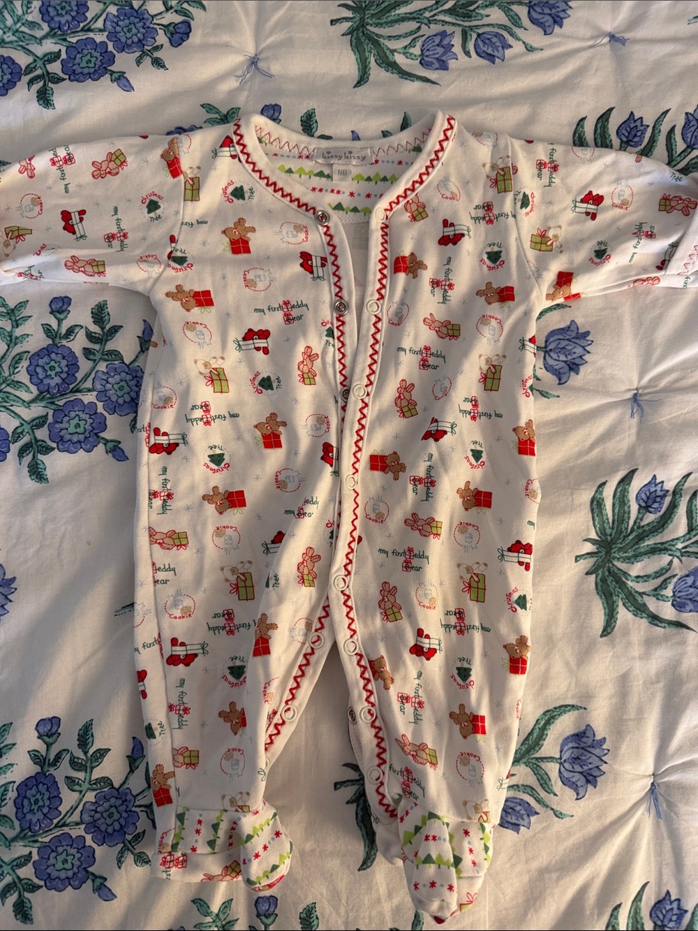 Kissy Kissy White Footed Pajamas with Red and Green Holiday Print